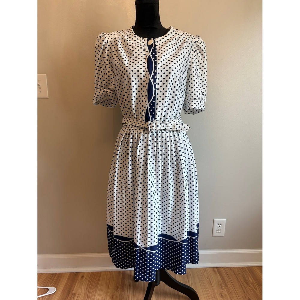 Whirlaway Frocks Dress Women 14 White Navy Polka Dot Vintage Style Belted Midi